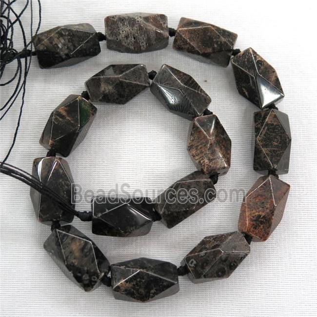 black Coral Fossil beads, faceted, nugget