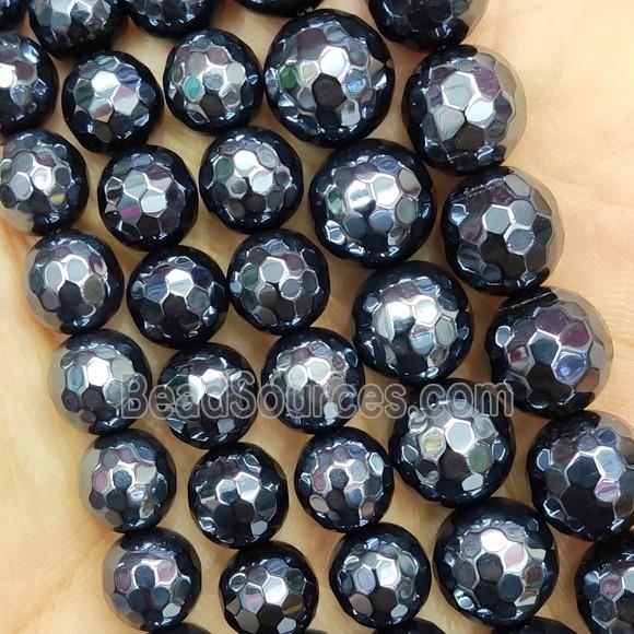 black agate beads, faceted round, light electroplated