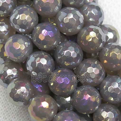 faceted round Grey Agate Beads with rainbow electroplated