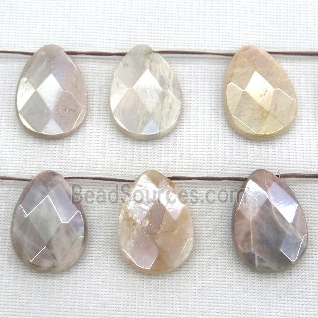 MoonStone Beads, faceted teardrop, top-drilled, light electroplated