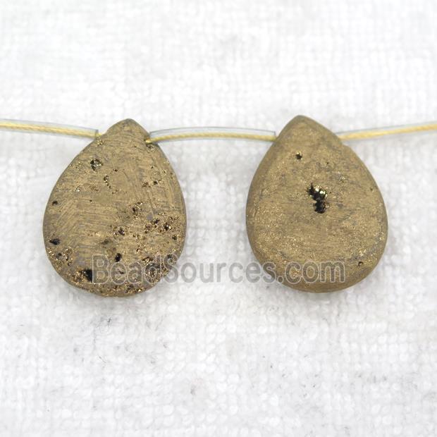 gold Druzy Agate teardrop beads, topdrilled