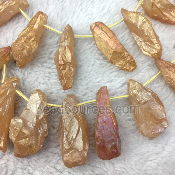 crystal quartz stick beads, freeform, goldchampagne electroplated