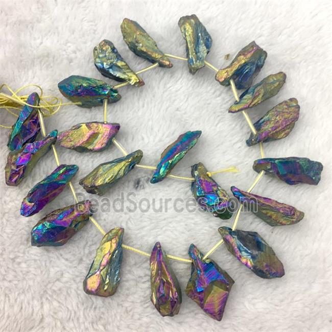 crystal quartz stick beads, freeform, rainbow electroplated