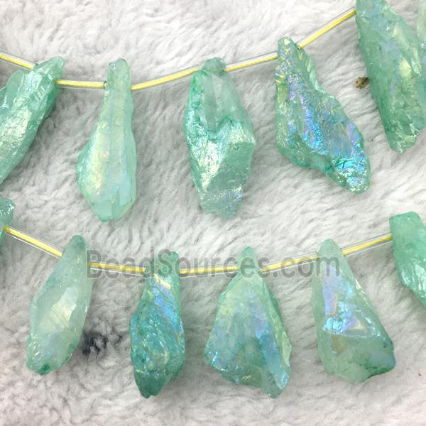 crystal quartz stick beads, freeform, green electroplated