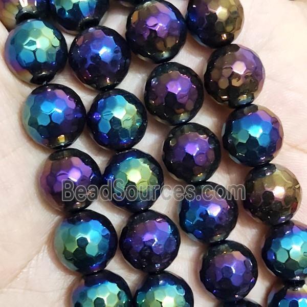 faceted round Black Agate beads with rainbow electroplated