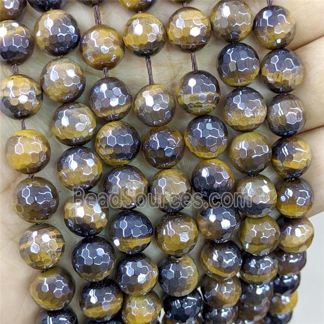 yellow Tiger eye stone beads, faceted round, light electroplated