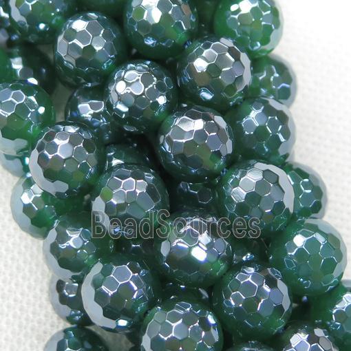 green Agate beads, faceted round, light electroplated