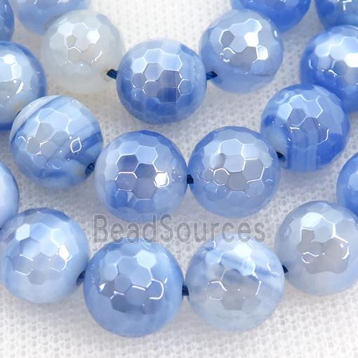 Natural Striped Agate Beads Banded Blue Dye Faceted Round Light Electroplated