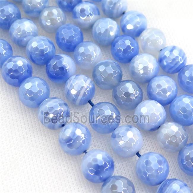 Natural Striped Agate Beads Banded Blue Dye Faceted Round Light Electroplated