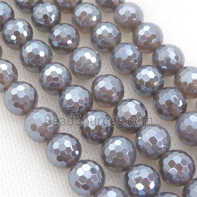 Natural Gray Agate Beads Faceted Round Light Electroplated