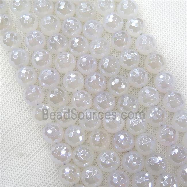 Natural White Agate Beads Faceted Round Light Electroplated