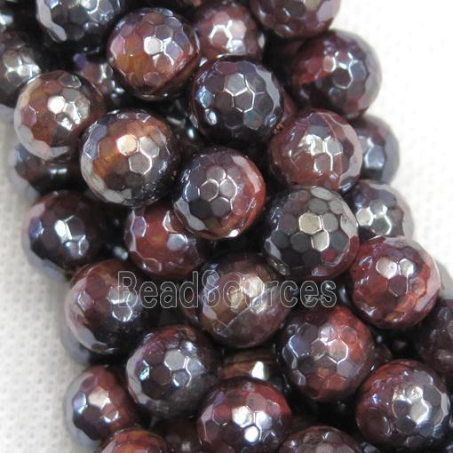 red Tiger eye stone beads, faceted round, light electroplated