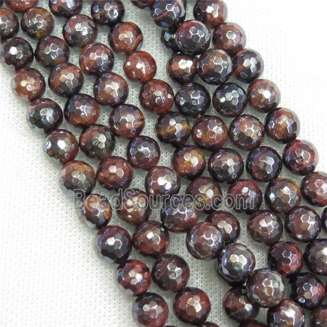 red Tiger eye stone beads, faceted round, light electroplated