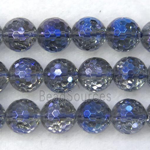 faceted round Clear Quartz beads, blue electroplated