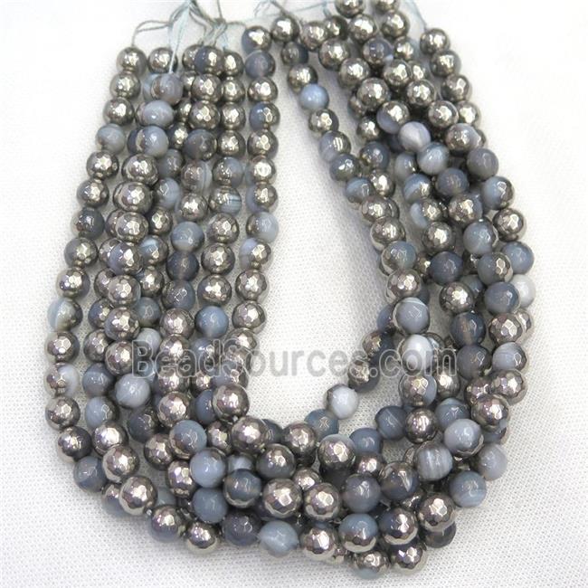 faceted round gray Agate beads, half silver plated