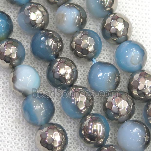 faceted round blue Agate beads, half silver plated