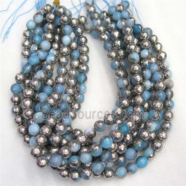 faceted round blue Agate beads, half silver plated