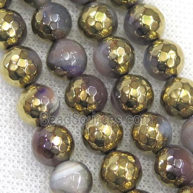 faceted round agate beads, half gold plated