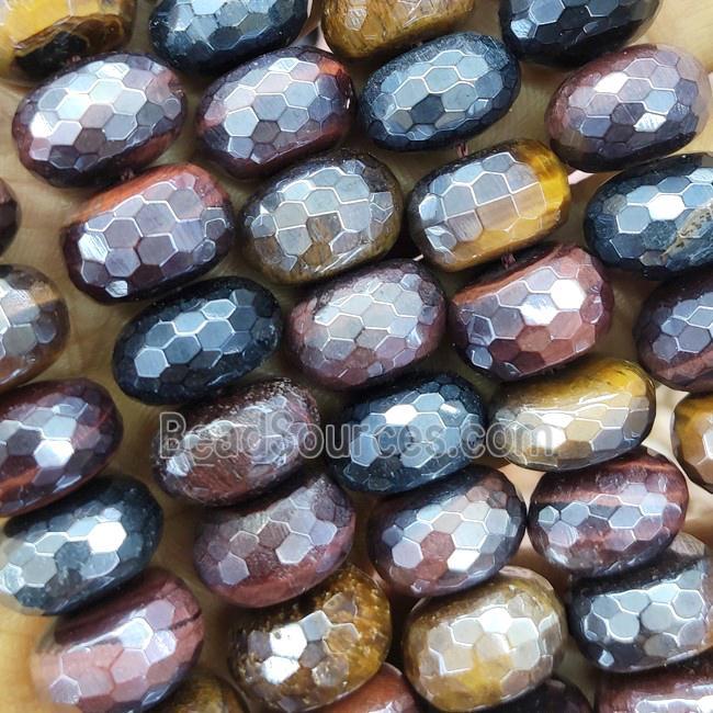 Tiger eye stone beads, faceted rondelle, mixed color, electroplated