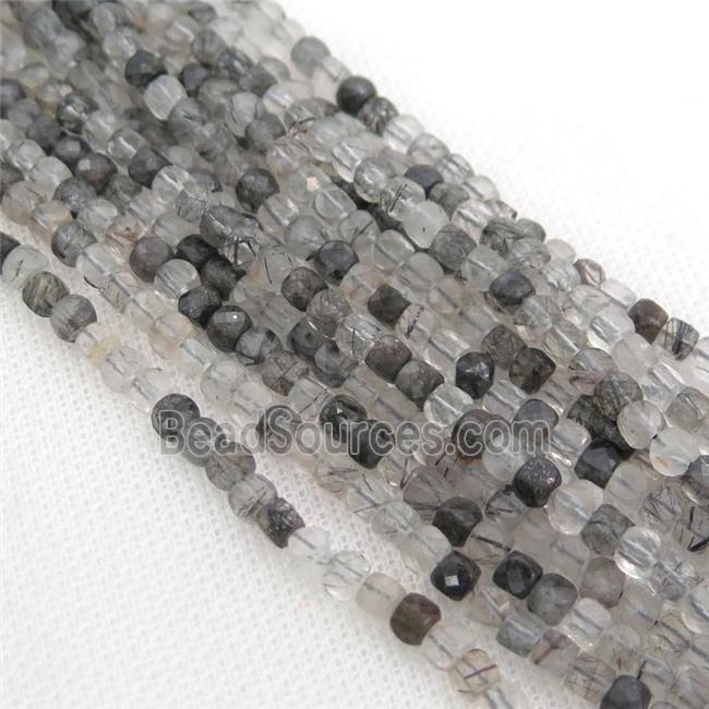 black Rutilated Quartz Beads, faceted cube