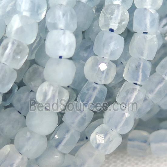 blue Aquamarine Beads, faceted cube