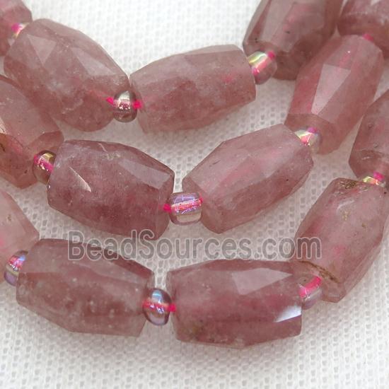 pink Strawberry Quartz Beads, faceted barrel