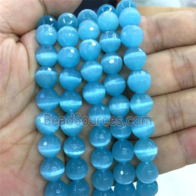 Cats Eye Stone Beads Blue Faceted Round