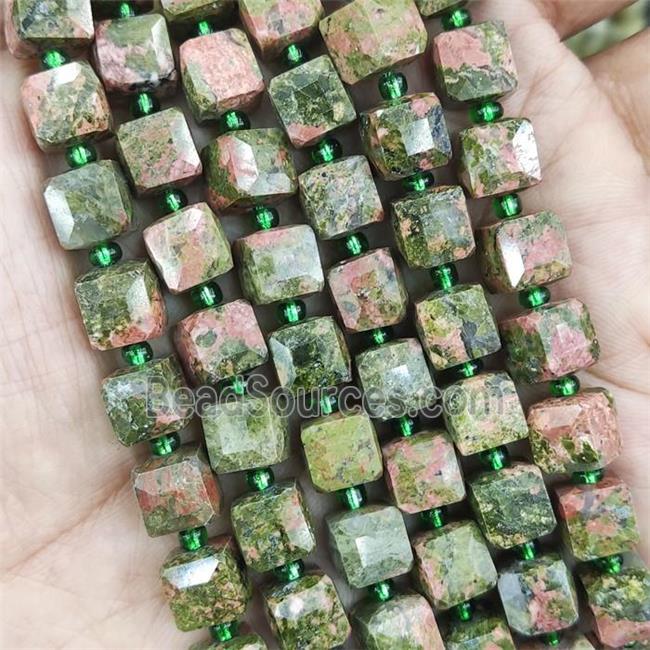 Unakite Beads, green, faceted cube