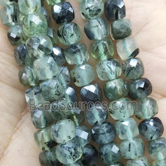 green Prehnite Beads, faceted cube, B-Grade