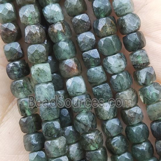 green Rutilated Quartz Beads, faceted cube