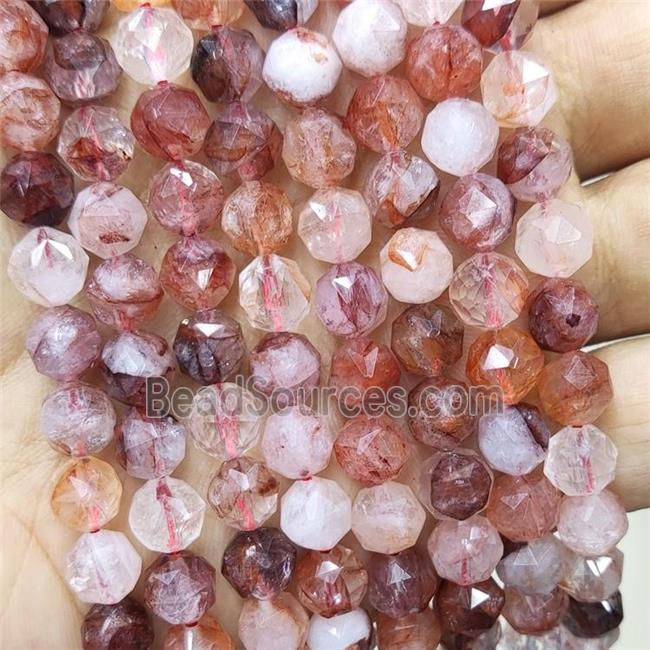 Natural Hematoid Quartz Beads Red Ferruginous Round Diamond Cut