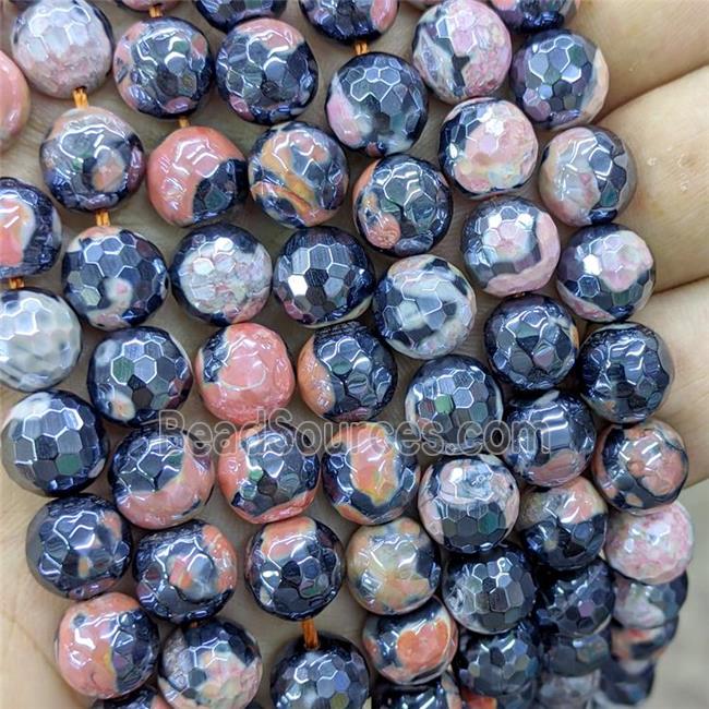 Peach Fire Agate Beads Faceted Round Electroplated