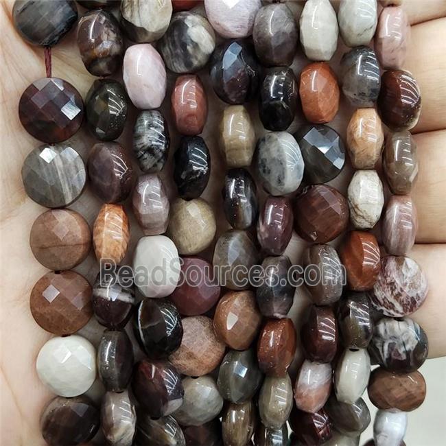 Natural Wood Petrified Jasper Beads Multicolor Faceted Circle