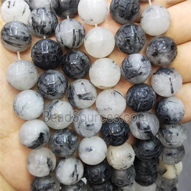 Black Rutilated Quartz Beads Round Carved