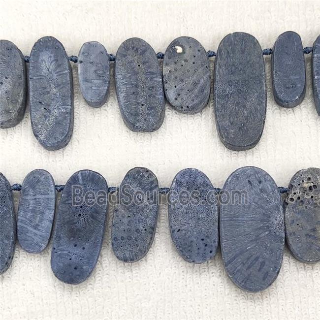 Blue Coral Fossil Oval Beads Topdrilled