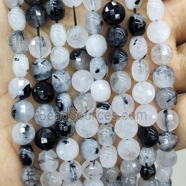 Natural Black Rutilated Quartz Beads Faceted Circle