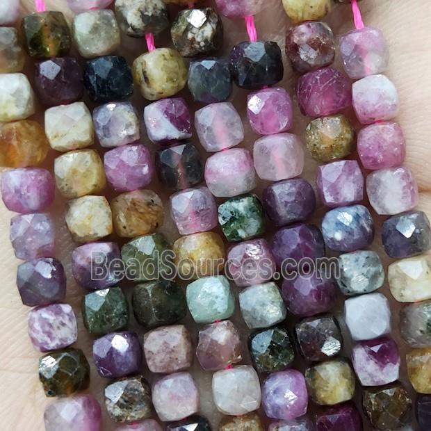 Natural Tourmaline Beads Multicolor Faceted Cube