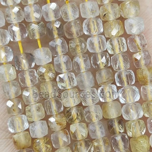 Natural Golden Rutilated Quartz Beads Faceted Cube