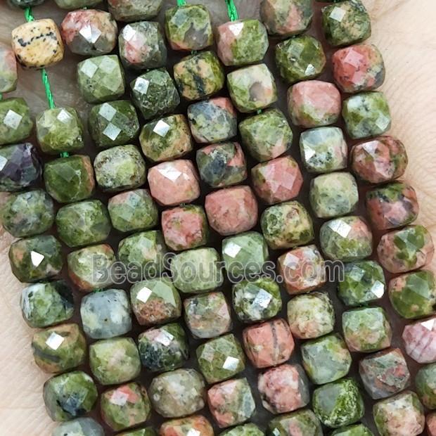 Natural Unakite Beads Green Faceted Cube