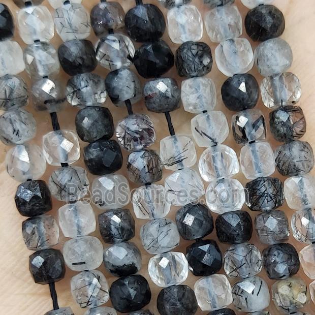 Natural Black Rutilated Quartz Beads Faceted Cube