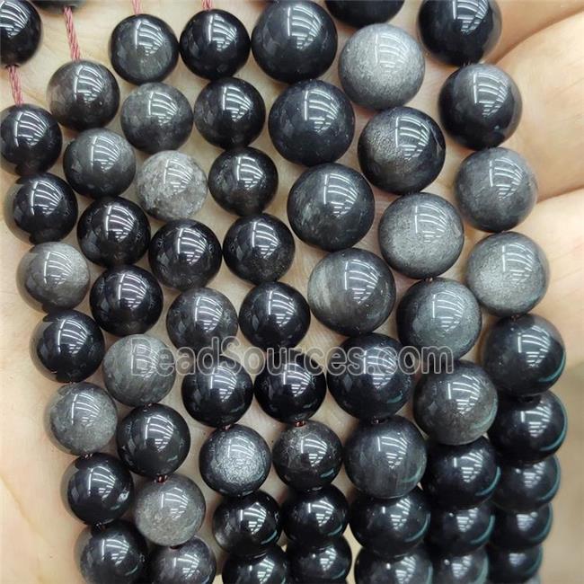 Natural Obsidian Beads Silver Flash Smooth Round