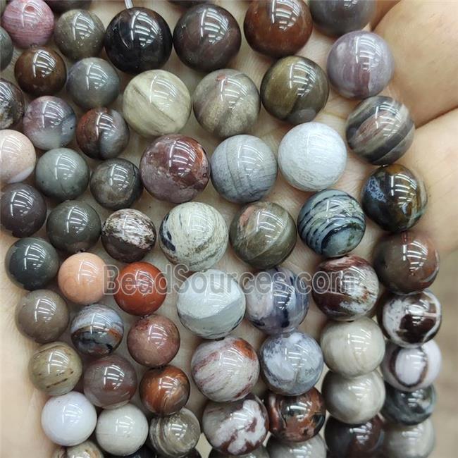 Natural Wood Petrified Jasper Beads Multicolor Smooth Round