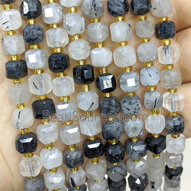 Natural Black Rutilated Quartz Beads Faceted Cube