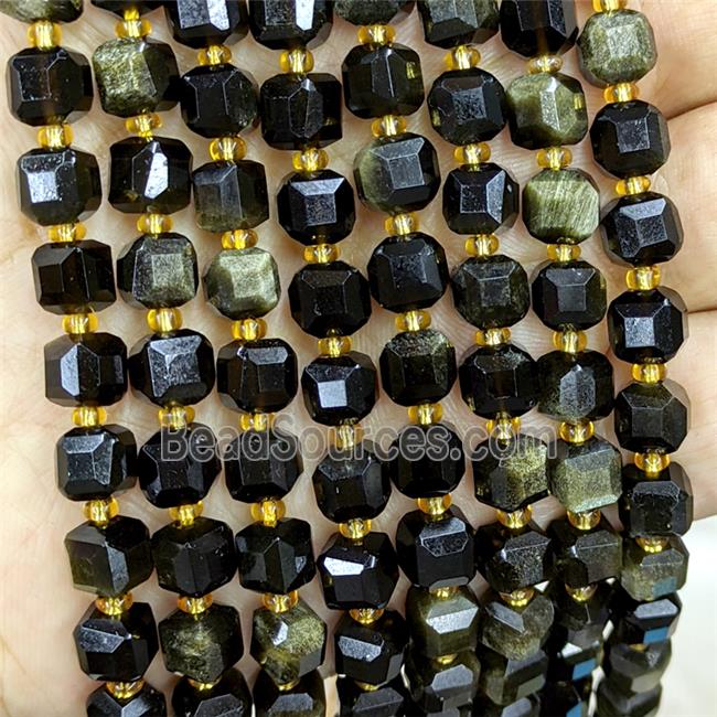 Natural Obsidian Beads Golden Flash Faceted Cube