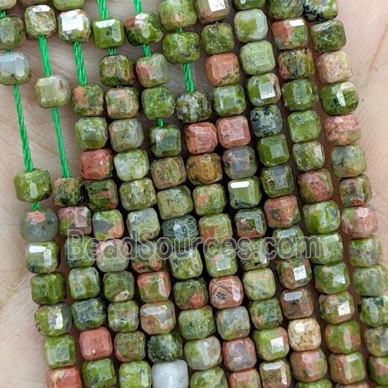 Natural Unakite Beads Green Faceted Cube