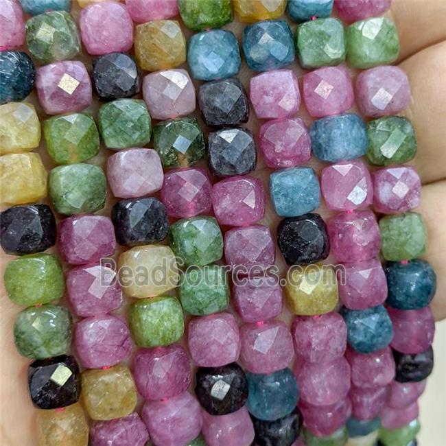 Natural Jade Beads Mixed Color Dye Faceted Cube