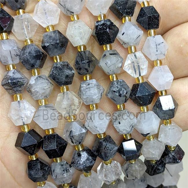 Natural Black Rutilated Quartz Beads Cut Bicone