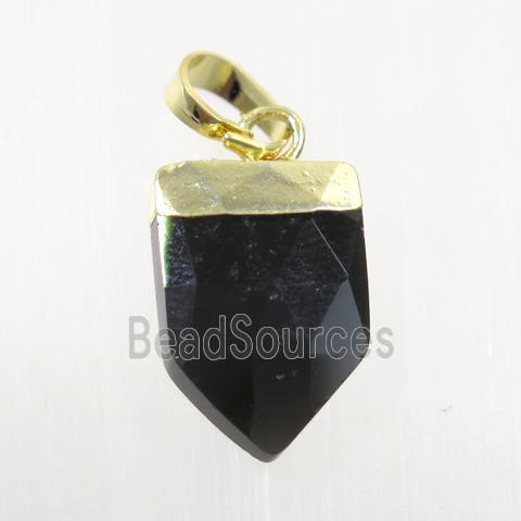 black onyx agate pendant, faceted arrowhead, silver plated