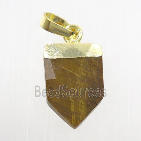 yellow Tiger eye stone pendant, faceted arrowhead, gold plated