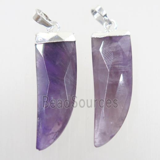 purple Amethyst horn pendant, silver plated